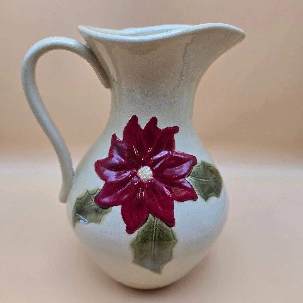 Christmas Poinsettia Ceramic Pitcher Red Green‎ Holiday Floral Serving Vase 8.5